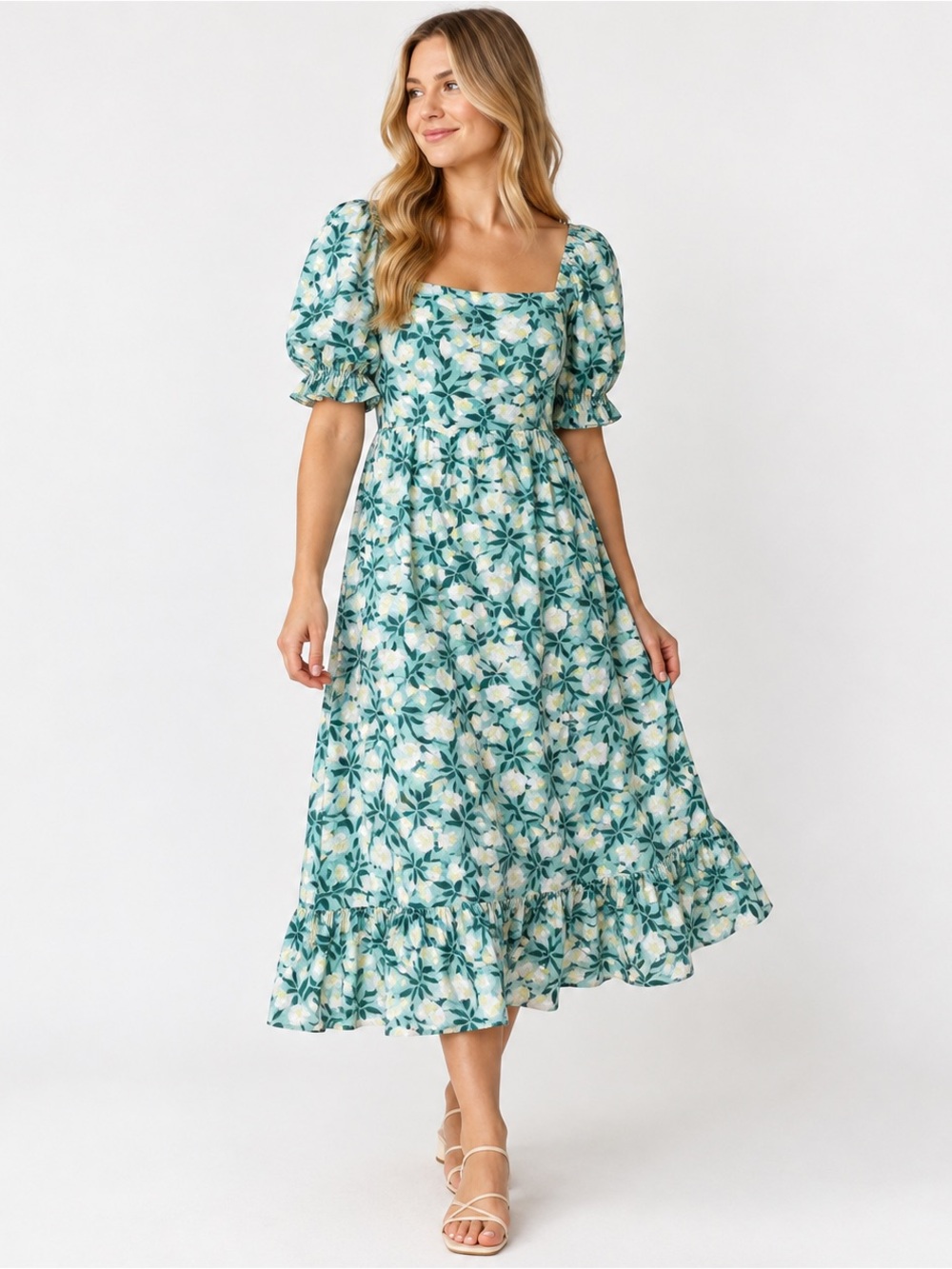 Ivy City Co Floral Midi Dress 1X Puff Sleeve Smocked Cottagecore Viscose Blend
